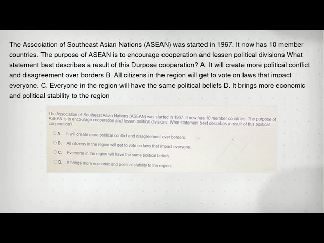 The Association of Southeast Asian Nations (ASEAN) was started in 1967. It now has 10 member countri