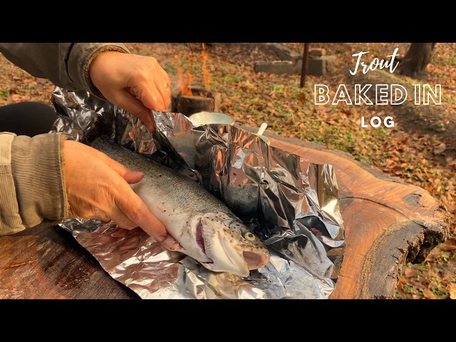 Hidden Wilderness Cooking Hack: How I Baked Trout Inside a Log in the Snow🔥