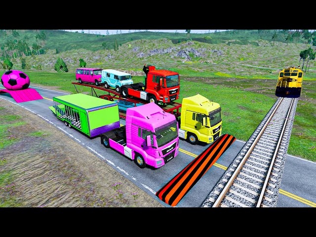 Double Flatbed Trailer Truck vs Speedbumps Train vs Cars | Tractor vs Train | Beamng Drive #689