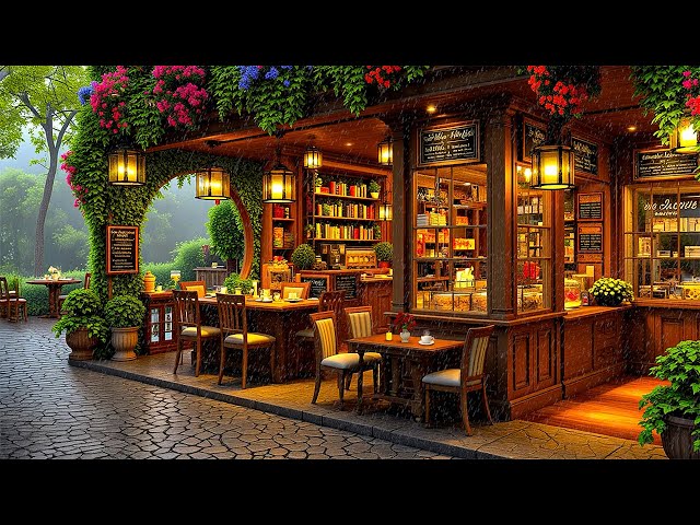 Rainy Day at Cozy Spring Coffee Shop Ambience with Smooth Jazz Music for Stress Relief | Rain Sounds