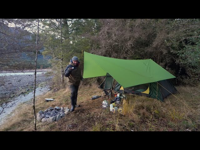 Camping In Winter Rain Storm With Tent And Tarp