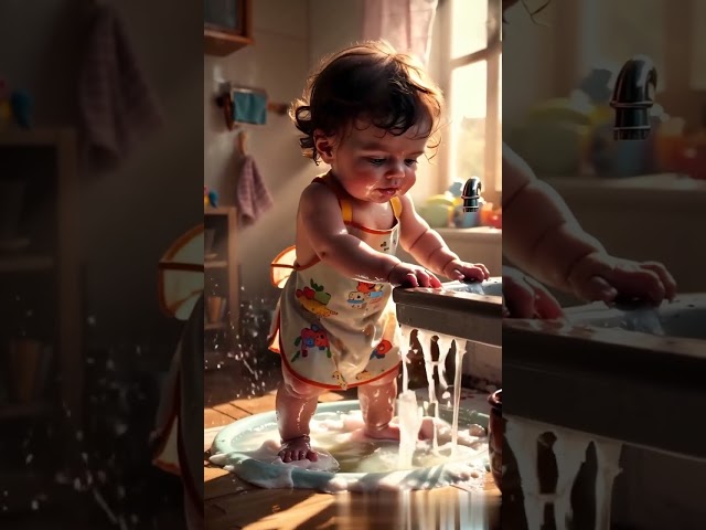 baby washing dishes