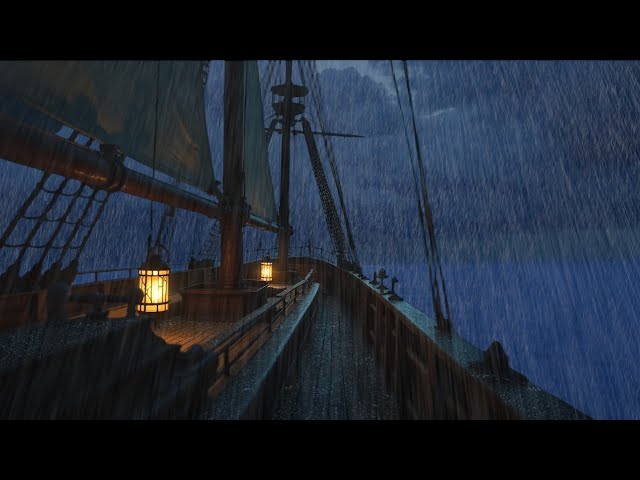 Rain on Boat Deck at Night | 깊은 수면과 휴식을 위한 폭풍 소리 | 바다 분위기