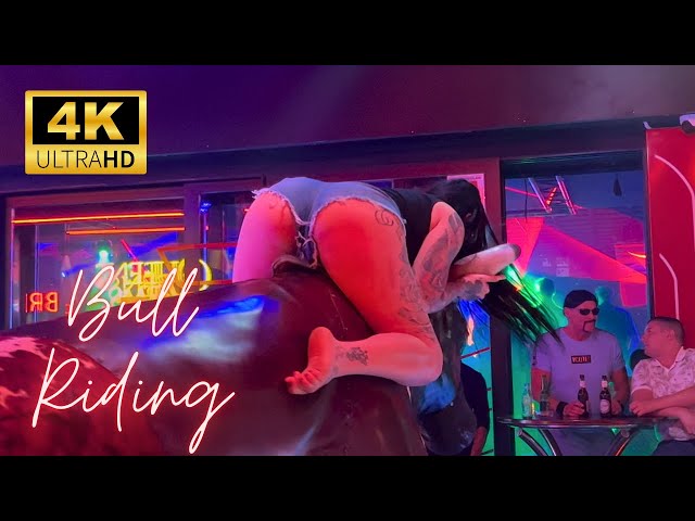 😍 Pretty Girl Riding a Bull | Bull Riding in Benidorm [4K] 60FPS HDR