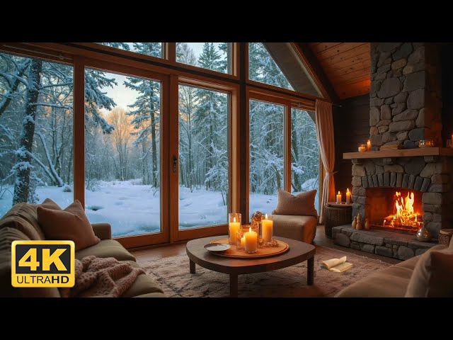 Cozy Living Room Ambience | Soft Piano Music & Fireplace Sounds with Snowfall Outside for Unwinding