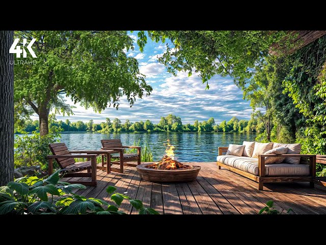 4K☀️🌺Immersive Morning Lakeside Ambience | Spring Nature Sounds & Relaxing Campfire for Relax, Study