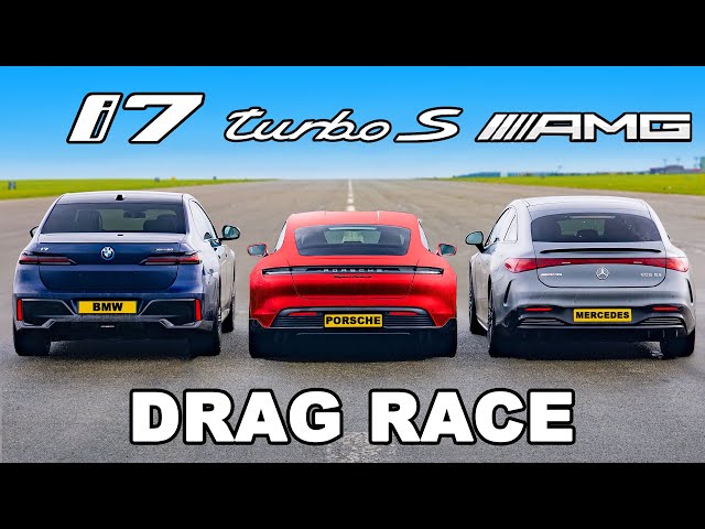 BMW i7 v Porsche Taycan Turbo S v Mercedes AMG EQS: DRAG RACE