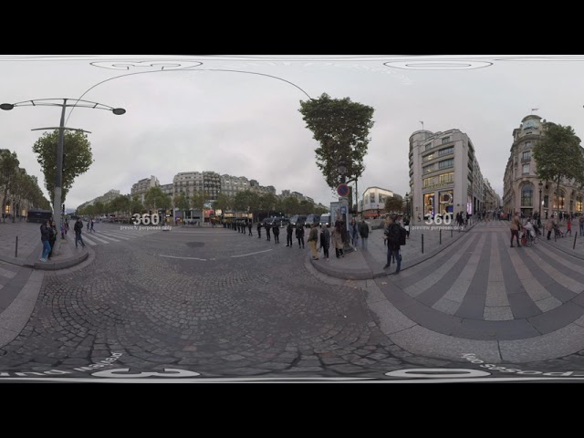 360 VR People walking in the street and police closing road for transport, Paris