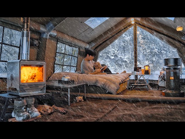 Camping in Heavy Snow with My Dog . 2-Room Inflatable Tent . Wood Stove ASMR