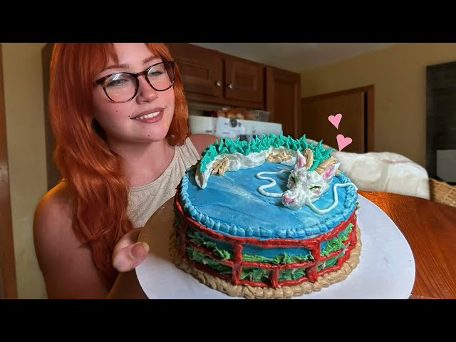 ASMR Baking & Decorating A Spirited Away Cake (Close Whisper, Fire Crackling)