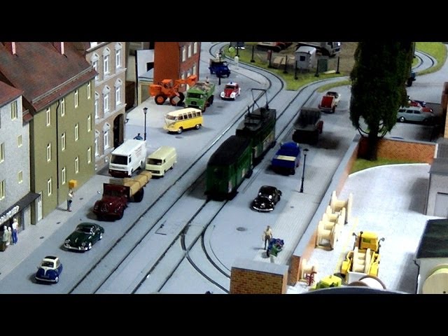 Model tram and tramway on a modular railway layout in 0 scale