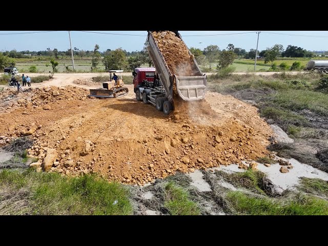 Wonderful Technique.! Dump Trucks 24T And D31P KOMATSU Dozer filling Flooded land Next to the road