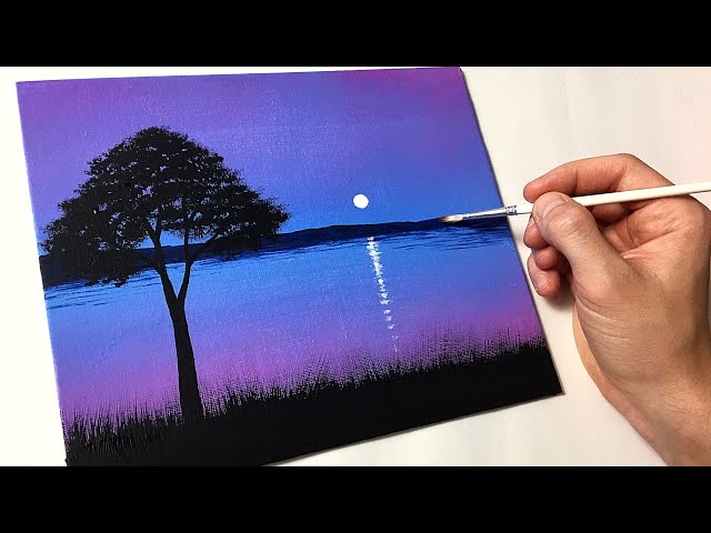 Easy Night Sky Lake for Beginners | Acrylic Painting Tutorial Step by Step