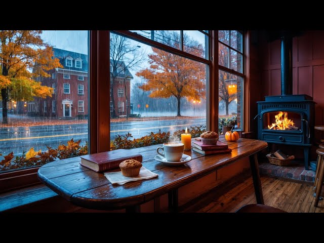 Cozy Autumn Coffee Shop 🍂 ☕ Perfect Fall Ambience | Rain & Fire Sounds for Sleep or Focus | Ambient