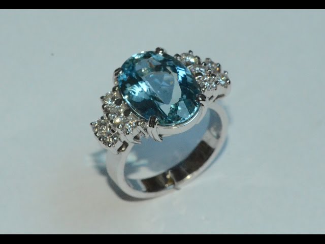 Aquamarine and diamonds 18k white gold ring handmade