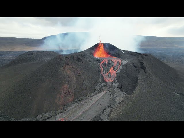 Flying towards the volcano in Iceland