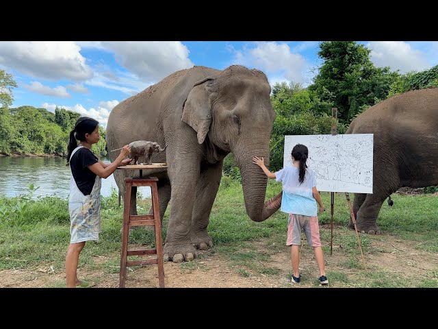 ART - Mummy-Daughter Up-Close to Elephants in Thailand