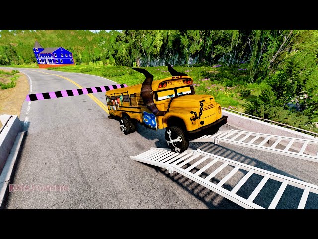 Double Flatbed Trailer Truck vs Speedbumps Train vs Cars | Train Tractor | Beamng.Drive Kon 11