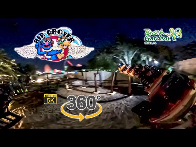 VR 360 5K Air Grover Roller Coaster At Night On Ride Back Seat POV Busch Gardens Tampa 2022 01 01