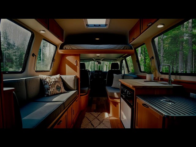 Make Sleep Easy Camp on van at Heavy Rain -  Water Rain Sound for Sleeping - Interior Camper Van