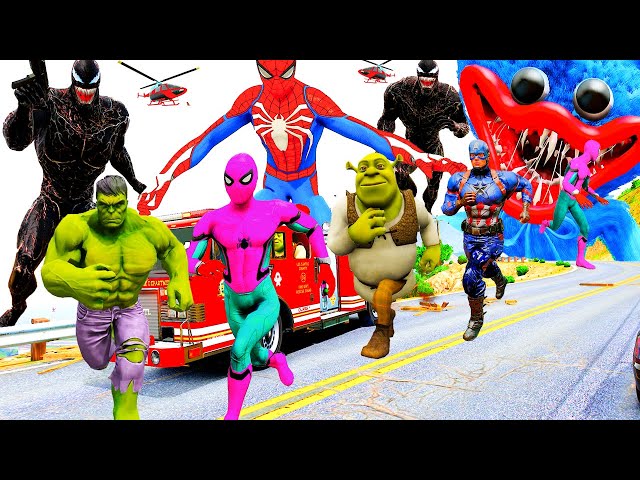 Siêu Nhân Người Nhện Chạy Xe Ô Tô Cứu Hỏa Giải Cứu Robot, Superhero VS Hulk, Spiderman Car, Avengers