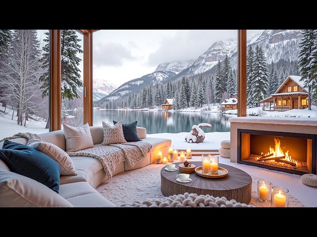 Tranquil Winter Cabin by the Lake ❄ Relaxing Jazz Music, Snowy Ambience & Fireplace to Stress Relief