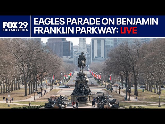 Benjamin Franklin Parkway readies for Eagles Super Bowl parade | 🔴 WATCH LIVE