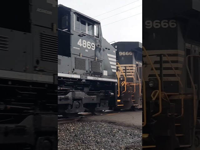 Norfolk Southern power. Shiny new looking locomotive engines on front. Railfanning Columbus Ohio.