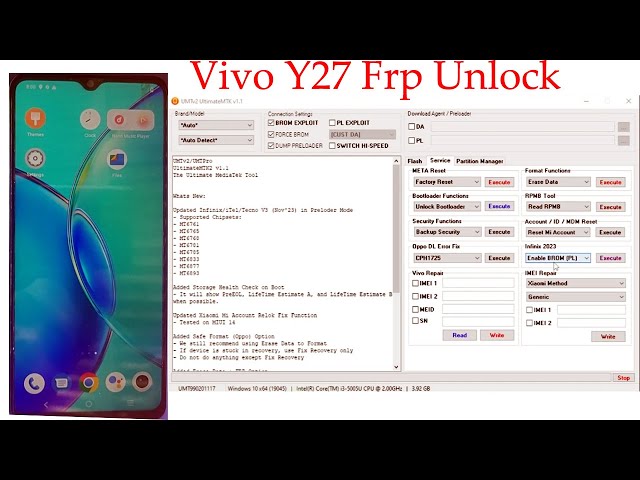 Vivo y27 frp unlock umt mtk tool || vivo y27 Pattern Unlock Umt Tool