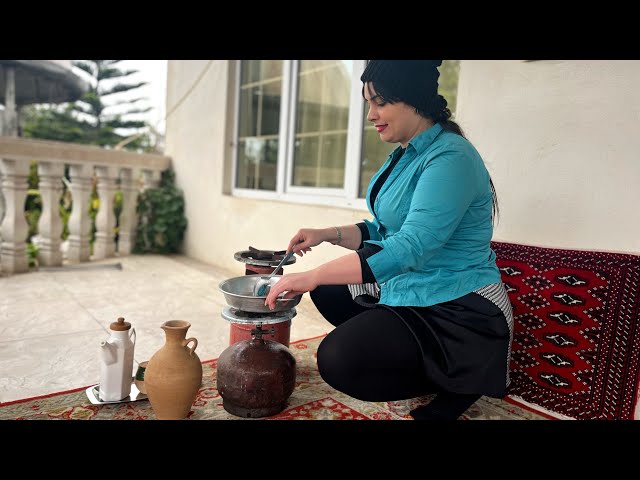 Cooking traditional pilaf on a rainy day in the village|rural life