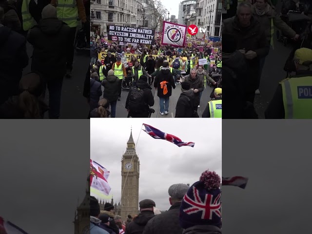 Tommy Robinson supporters and counter-demo protesters march in central London