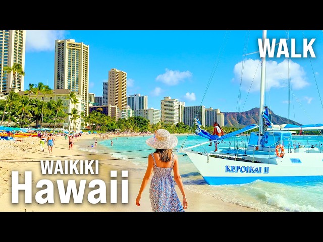 Waikiki Beach, HAWAII Walking Tour | Honolulu BEACH WALK with Captions [4K/60fps]