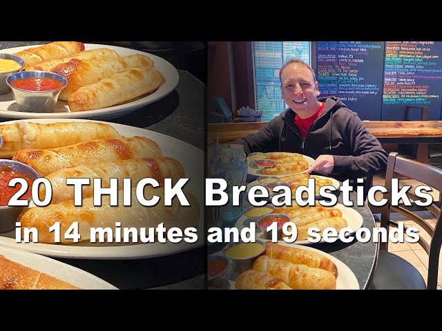 20 Thick Cheesy Breadsticks in 14 Minutes | Joey Chestnut New Record