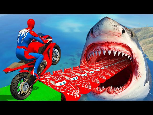 SPIDER-MAN on Motorcycle Bridge Stunt Ride!!! SHARK | Water Slides