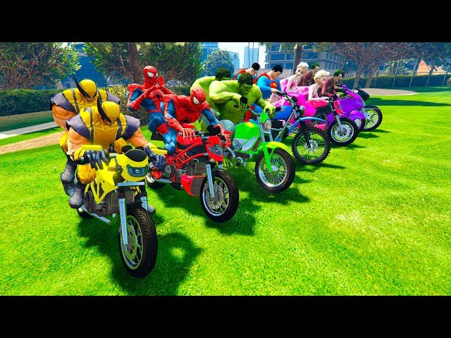 LEARN COLOR with Superheroes Motorcycles golf park and Police cars for kids funny