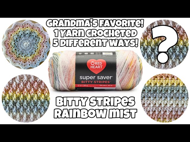 Red Heart Bitty Stripes Rainbow Mist 1 yarn 5 different ways.  Yarn swatches.  Let's Take a Look.