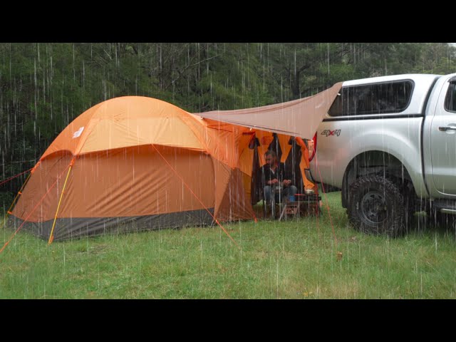 Car CAMPING in RAIN with HUGE TENT and TRUCK