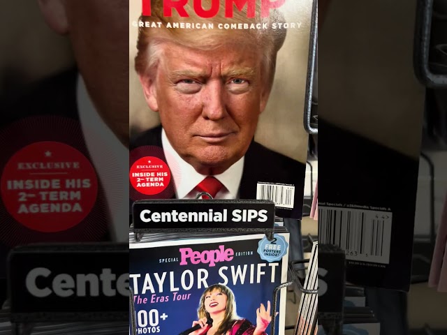 TRUMP on Top of the MAGAzine Stand and they put Taylor Swift below him.