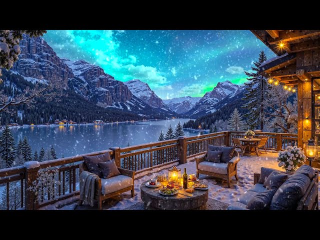 Cozy Outdoor Winter Porch Ambience by Lake ⛄❄️ Smooth Piano Music with Snowfall for Relax