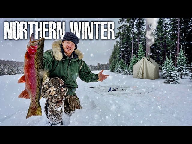 Ice Fishing & Winter Camping in the Snow with a Wall Tent & Wood Stove