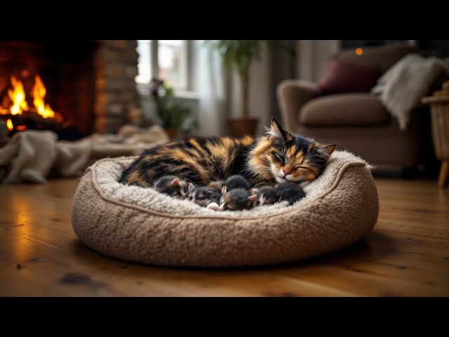 Maine Coon cat sleeps peacefully surrounded by her tiny kittens