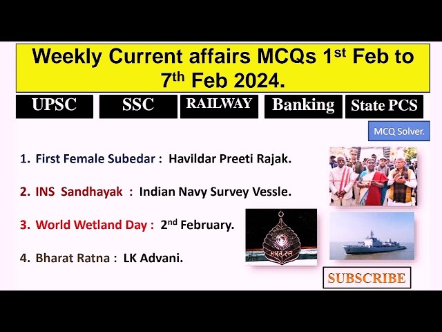 Current Affairs 2024 | Weekly Current Affairs Video 1st Feb To 7th Feb 2024 | Current Affairs MCQ