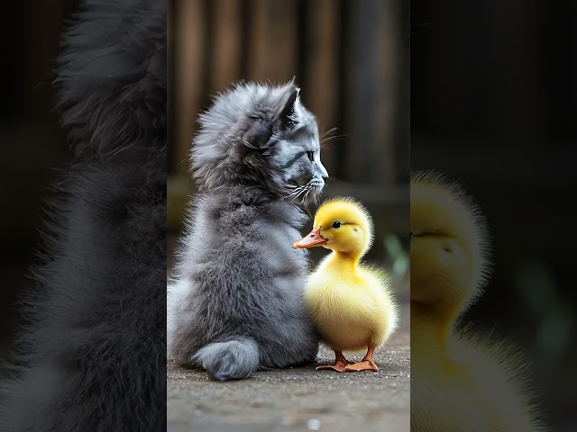 Adorable moment! Kitten and duckling spend their first time together