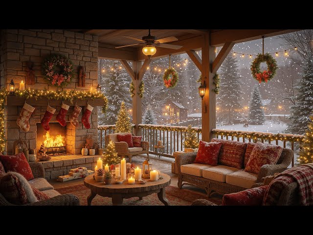 Christmas Jazz Balcony Background Music 🎄 Soothing Piano Rhythm with Crackling Fireplace for Holiday