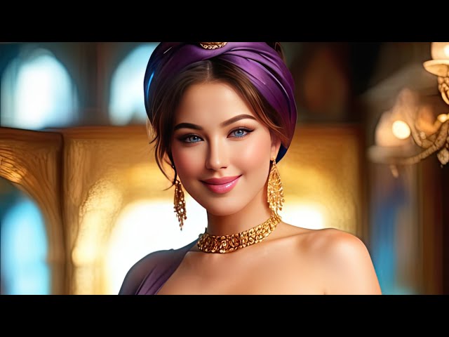 4K AI Fashion Lookbook - Golden Splendor: Sophia in Glamorous Purple Kaftan at Dubai's Gold Souk