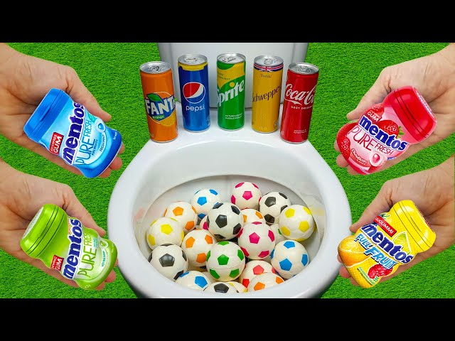 Football VS Coca Cola, Pepsi, Fanta, Schweppes, Sprite and Colored Mentos Experiment in the toilet