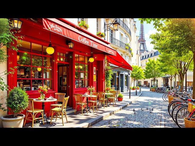 Outdoor Street Coffee Shop Ambience on Spring Day with Positive Bossa Nova Jazz Music for Happy Mood