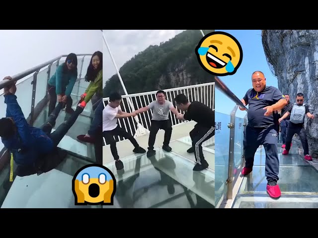 😱Scariest Cliff-side Glass Walkway😂People dare to walk but ended with funny reactions