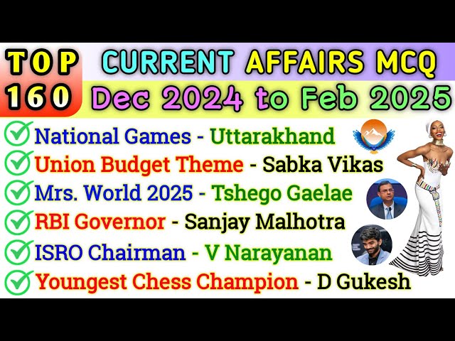 Last 3 Months Current Affairs | December 2024 to February 2025 Current Affairs | Current Affairs MCQ