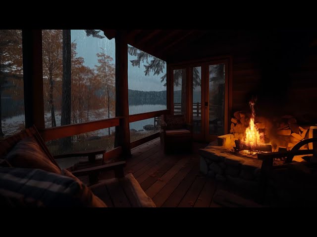 Rainfall on Cabin Porch with Relaxing Fire pit | Rain Sounds for Calm and Restful Sleep